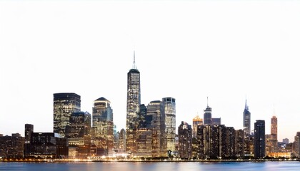 Obraz premium New York City skyline at night with illuminated skyscrapers on an isolated white background. Concept of cityscape and urban design template