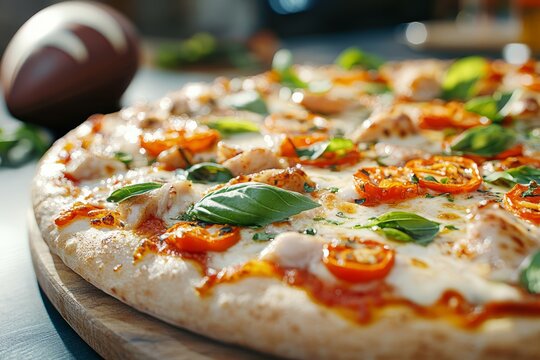 Game day pizza with fresh basil, cherry tomatoes, and cheese, perfect for Super Bowl or sports parties.