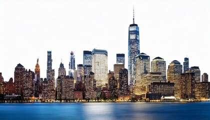 Obraz premium New York City skyline at night with illuminated skyscrapers on an isolated white background. Concept of cityscape and urban design template
