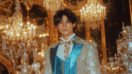 Elegant man in blue formal attire at luxurious evening event with chandeliers