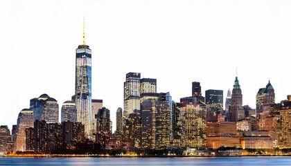 Obraz premium New York City skyline at night with illuminated skyscrapers on an isolated white background. Concept of cityscape and urban design template