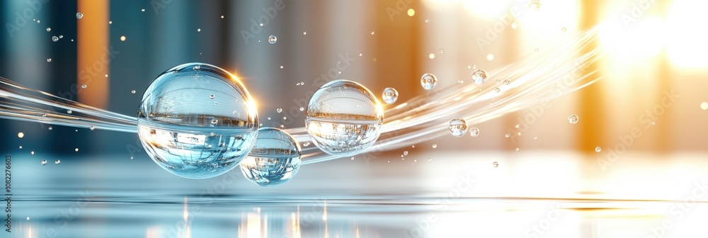 Poster crystal clear bubbles in sunlight with abstract water reflections and dynamic motion