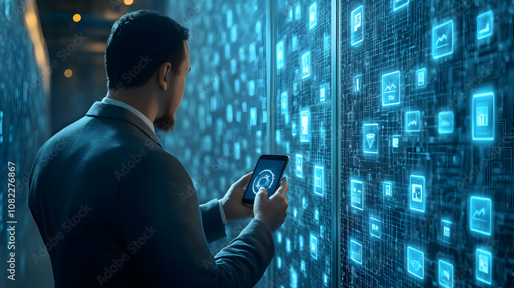 Poster analyst reviews digital data on smartphone near futuristic interface