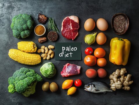 Paleo diet concept with text "Paleo Diet" on a black background, surrounded by meat, vegetables, fruits, fish, and eggs. Top view.