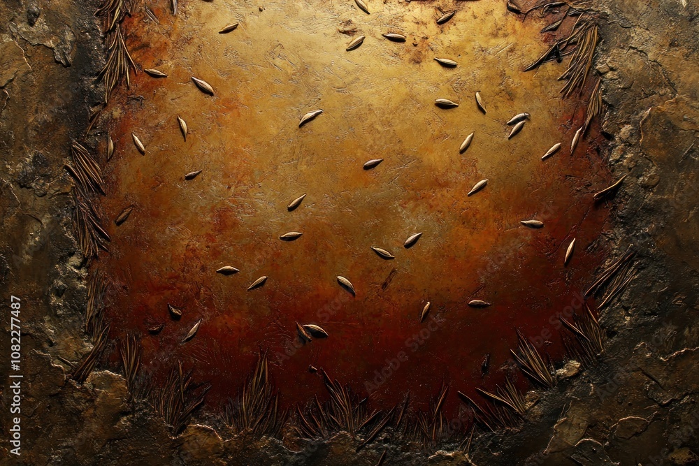 Poster abstract artwork featuring a textured surface with scattered seed-like shapes.