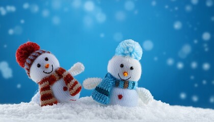 little knitted snowmans on soft snow on blue background