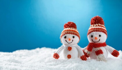 Obraz premium little knitted snowmans on soft snow on blue background