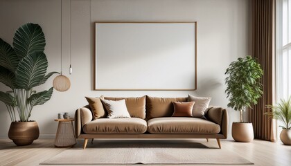 modern living room with sofa,Modern Living Room Sofa and Wall Poster Mockup with Stylish Interior Background"