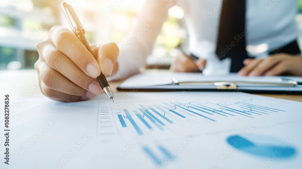 Poster a professional focuses on graphs and financial data, taking notes while seated at a desk in an offic