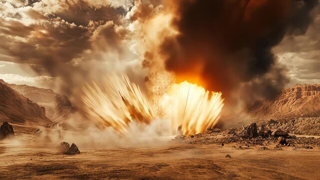 Massive explosion creating mushroom cloud in the desert