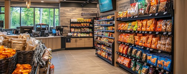 A modern convenience store interior showcasing snacks and beverages on shelves.
