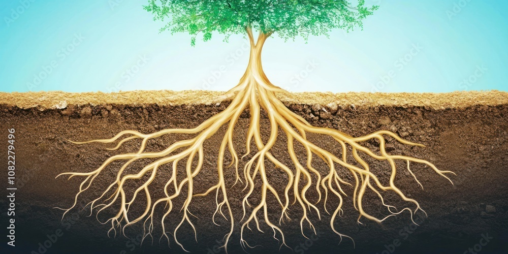 Poster a tree with visible roots, illustrating the connection between soil and foliage above.