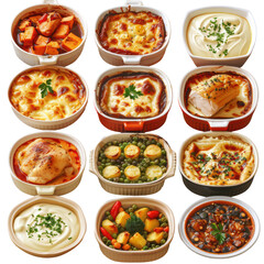 Delicious casserole variety, savory baked dishes, creamy mashed potatoes, colorful veggies, hearty stews, fresh herbs. Isolated on white background or PNG