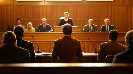 Lawyer Presenting Evidence in Courtroom Setting with Judge and Audience Observing Legal Proceedings in a Formal Judicial Environment
