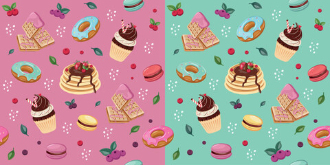 Bright, beautiful seamless pattern with the image of sweet pastries, various desserts. Vector design for fabric, wallpaper, wrapping paper and more.