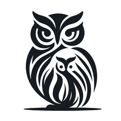 Fototapeta premium A black and white silhouette of owl with owlet, minimalist stroke, minimalist art style, vector, isolated, transparent background 