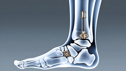 X-ray of the hallux metatarsophalangeal joint's MTP1 bone block distraction arthrodesis following resection arthroplasty.