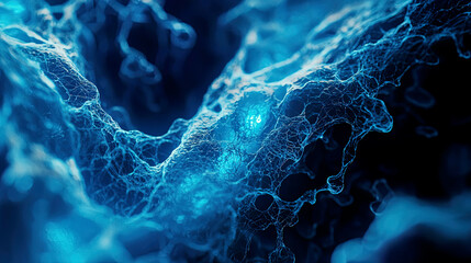 High-resolution macro shot of bio-ink forming cartilage fibers, detailed organic structures, glowing blue lab lights 