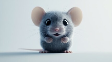 A cute, cartoon-style grey mouse with big eyes looks directly at the camera.