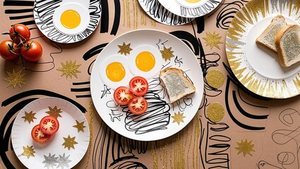 Gold Glitter Breakfast Plates with Eggs Toast Tomatoes