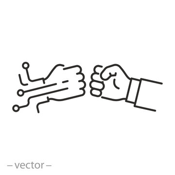 fight against artificial intelligence icon, confrontation between man and ai, fist robot against fist human, linear sign on white background - vector illustration eps10