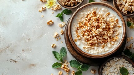 Breakfast Bowl of Kasha with Milk and Granola. Generative AI