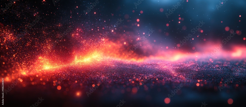 Poster abstract background with glowing red and blue particles and bokeh effect.
