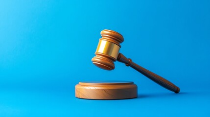 A wooden gavel on a blue background.