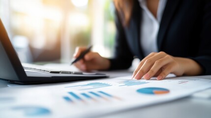 A business professional analyzes data on a laptop while taking notes on printed reports filled with charts and graphs in a bright office setting