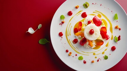 Exquisite Plate of Fruit Dessert with Cream, Fresh Berries, and Colorful Sauce on a Red Background Showcasing Culinary Artistry and Gourmet Presentation