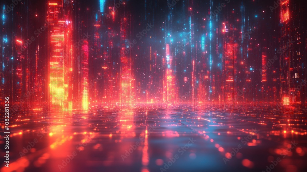 Aufkleber abstract digital background with glowing lines and particles in red and blue colors.