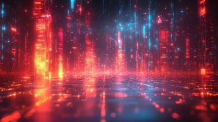 Fototapeta premium Abstract digital background with glowing lines and particles in red and blue colors.