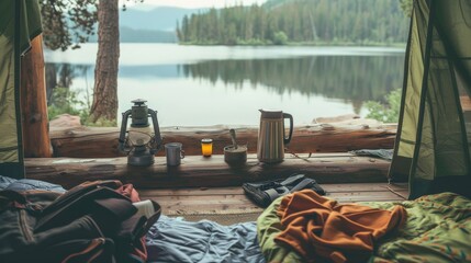A cozy camping setup in a lakeside cabin, Camping gear near a cozy cabin by the lake, Lakeside retreat style