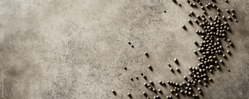 Poster a textured surface with scattered small metallic balls, creating a minimalist aesthetic.