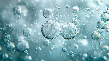 Abstract Close-up of Bubbles Floating in Teal Liquid, Creating a Sparkling, Ethereal Underwater Scene with Shimmering Light Effects and Diverse Bubble Sizes.
