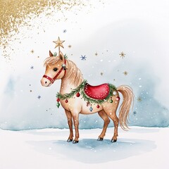 Charming Pony Christmas Watercolor Artwork for Festive Home Decor