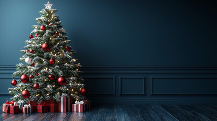 Fototapeta premium Elegant Christmas Tree with White Lights and Red Ornaments. Generative AI