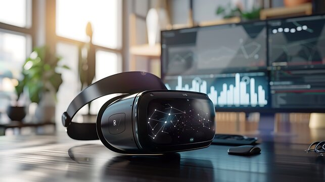 A virtual reality headset on a desk, displaying a 3D model of a blockchain network.