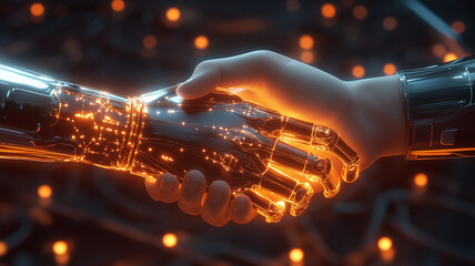 glowing robotic hand shakes human hand, symbolizing unity and technology