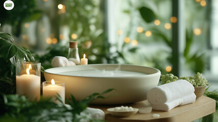 serene spa setting with calming bath, candles, and lush greenery