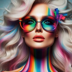 Fototapeta premium A vibrant portrait of a model with colorful makeup and stylish sunglasses against a striking background