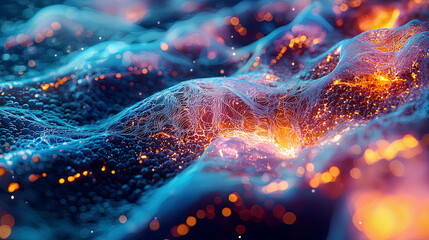 High-resolution macro shot of bio-printed synthetic muscle fibers, detailed cell patterns, glowing advanced bioprinting equipment 