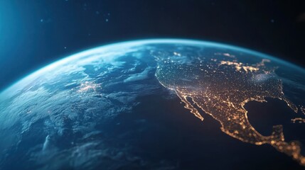 Fototapeta premium Nighttime view of Earth from space highlights North America, revealing sprawling city lights and a dark, starry background. The planet's curvature is prominently displayed
