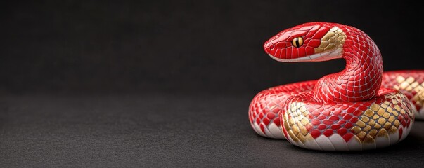 Fototapeta premium A vibrant red and gold snake gracefully coiled on a dark surface, showcasing its striking patterns and colors.