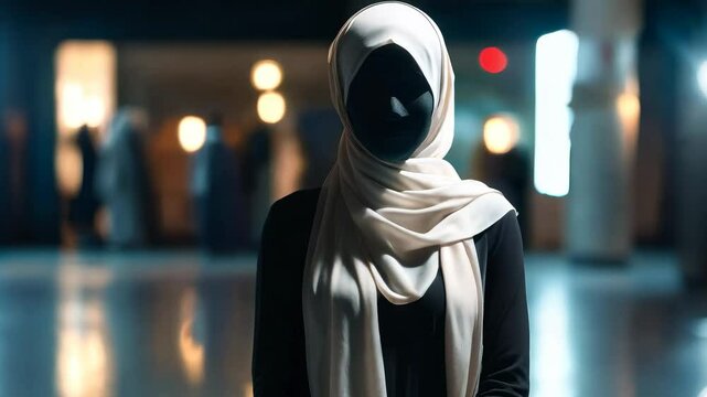 A mannequin dressed in Muslim clothing, in a hijab. A woman wearing a white scarf stands in a dark room. She is the only person in the room