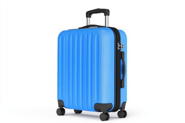 Bright blue suitcase with wheels, isolated on a white background.