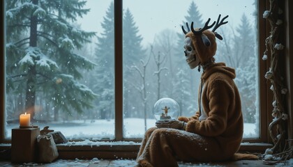 Skeleton dressed in reindeer suit by a snowy window