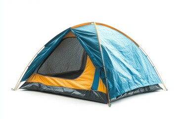 Colorful camping tent with an open door, white isolate background