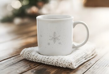 Simple White Ceramic Mug with Holiday Motif – Cozy Christmas Drink Photography