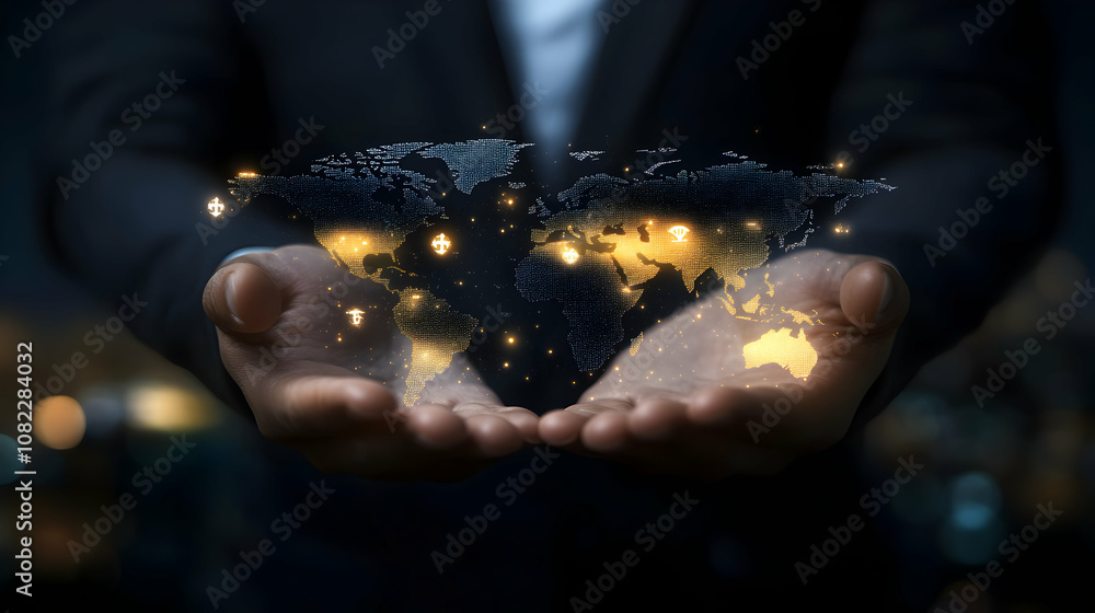 Poster glowing digital world map held in hands, abstract global network visualization